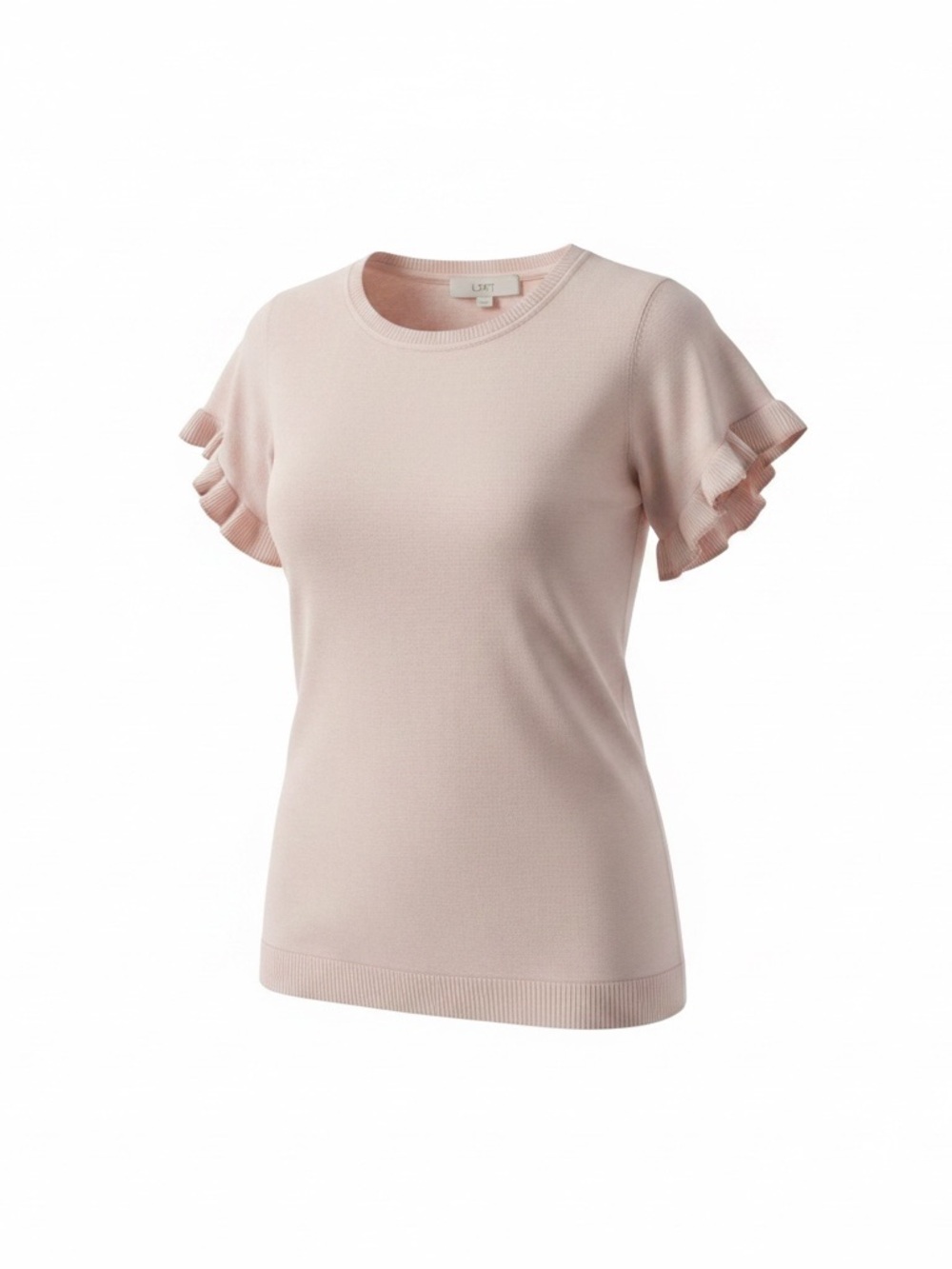 LOFT Short Sleeve Sweater Medium Pink Ruffle Sleeve Knit Top Lettuce Edge